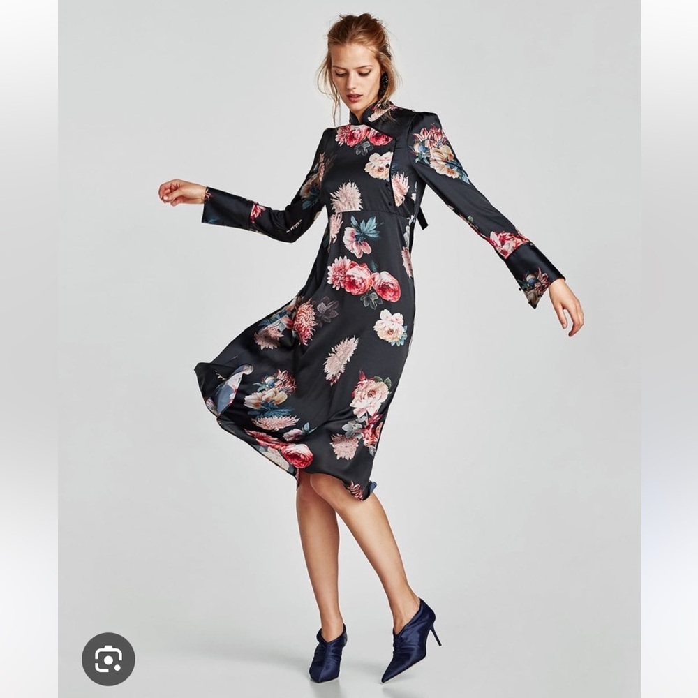 Zara Women AW17 Printed Floral Satin Midi  Dress With Mandarin Collar - Picture 3 of 9